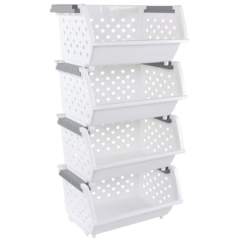 Set of 4 Plastic Stackable Storage Baskets, Stackable Organizer Bins for Kitchen, Pantry and Bathroom, White