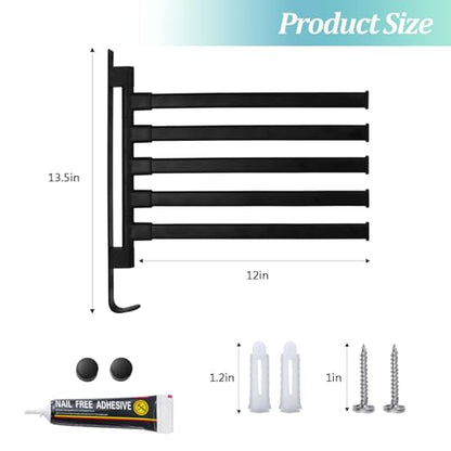Rotating Pool Towel Rack, 5 Bars Swivel Outdoor Towel Rack with Hook Space Saving Wall Mounted Metal Towel Holder Swing Out Ideal for Pool, Hot Tub,Shower,Balcony