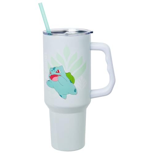 Silver Buffalo Pokémon Featuring Bulbasaur Double Walled Stainless Steel Tumbler with Handle and Straw, Fits in Standard Cup Holder, 40 Ounces - color: Bulbasaur Pokemon