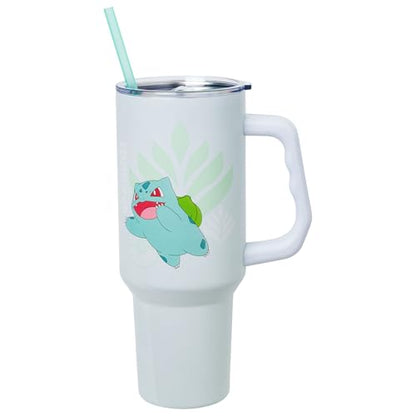 Silver Buffalo Pokémon Featuring Bulbasaur Double Walled Stainless Steel Tumbler with Handle and Straw, Fits in Standard Cup Holder, 40 Ounces - color: Bulbasaur Pokemon