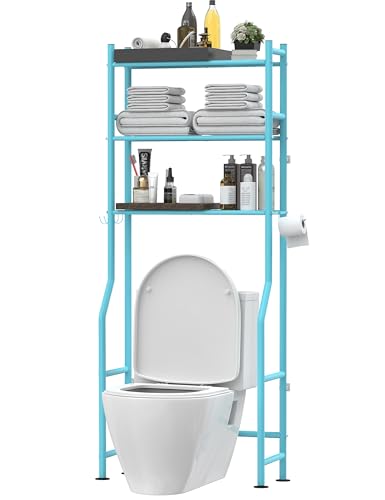 Livilord 3-Tier Over The Toilet Storage, Freestanding Metal Bathroom Shelves with 4 Hooks, Over Toilet Storage Shelf with Paper Holder, Above The Toilet Shelf for Bathroom Storage, Blue - color: D-blue