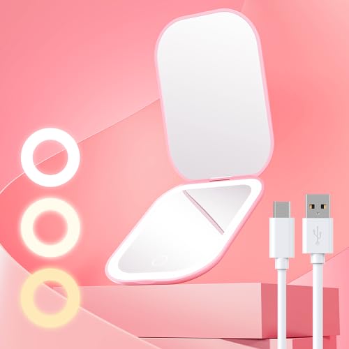 Gospire Ultra-Slim Lighted Travel Makeup Mirror with Lights and Magnification, Rechargeable 3X Magnifying Mirror with 3 Light Colors & Adjustable Brightness, LED Compact Mirror for Purses - Pink - color: Pink