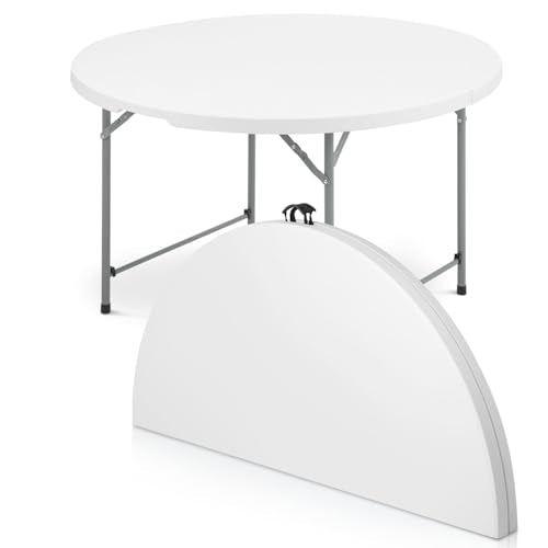 OS MOTOR 4ft Round Folding Table with Carry Handle, Portable Heavy Duty Plastic Utility Table with Steel Legs for Party, Wedding, Camping, Indoor, Outdoor Event, 48 Inch, White - color: White, size: 48" Diameter