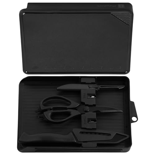 Mitsuharu 5 in 1 Camping Cutting Board Set with Santoku Knife,Separable Shears,Peeler & Slicing Knife and Sharpening Slots,Portable Camper Accessories Kitchen Set, Black