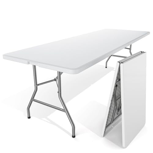 NEWBULIG 8 FT Foldable Table Easy to Fold and Store, Folding Picnic Table for Picnic Camping Kitchen Dining Party Outdoor Indoor with Carrying Handle, White - color: White, size: 8 FT