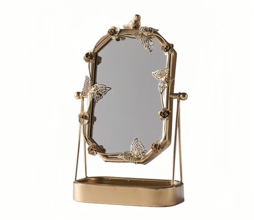 HSDDHOME Vintage Gold Tabletop Makeup Mirror, Bird & Butterfly Decorative Vanity Mirror, 12.8” x 8.2” Retro Metal Standing Mirror for Dresser, Bedroom, and Bathroom - color: Vintage Gold