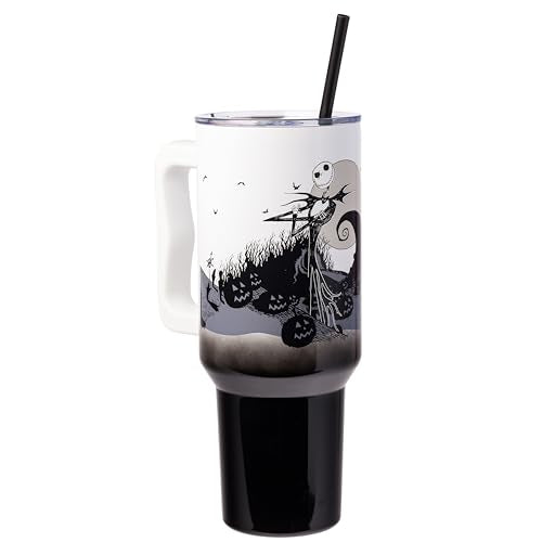 Silver Buffalo Disney Nightmare Before Christmas by Tim Burton Jack Skellington Hill and Moon Double Walled Stainless Steel Tumbler with Handle and Straw, Fits in Standard Cup Holder, 40 Ounces - color: Nightmare Before Christmas Hill and Moon Scene