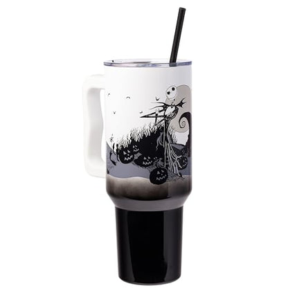 Silver Buffalo Disney Nightmare Before Christmas by Tim Burton Jack Skellington Hill and Moon Double Walled Stainless Steel Tumbler with Handle and Straw, Fits in Standard Cup Holder, 40 Ounces - color: Nightmare Before Christmas Hill and Moon Scene