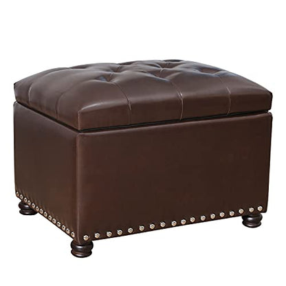 Leather Ottoman with Storage,24’’Foot Rest Ottomans with Hinged Lid Rectangle Upholstered Foot Stools Nailhead Trim for Living Room Bedroom,Classic Brown - color: Classic Brown