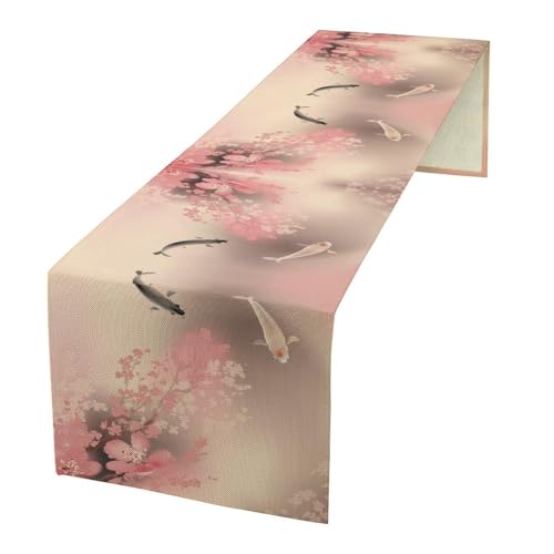 Japanese Table Runner Pink Cherry Blossom Branches Tree Koi Fish Decor for Indoor Outdoor Party Dinner Festival Farmhouse Holiday Dining Room Home Kitchen Restaurant, 13x36in - color: Koi-pink2, size: 13x36in