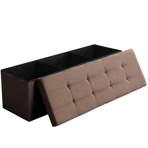 45.3 Inches Storage Ottoman Bench Foldable Seat Footrest Shoe Bench End of Bed Storage with Flipping Lid, 166L Storage Space, Linen Fabric Brown - color: Brown, size: 45.3" Flip