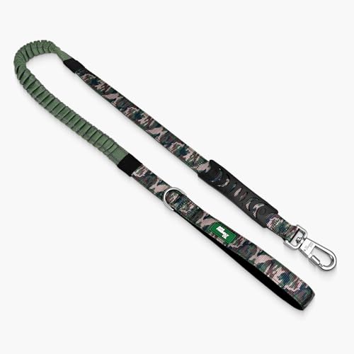 Dog Friendly Co. Bungee Dog Leash | Strain Free & Shock Resistant for Control | Neoprene Padded Handle, Heavy-Duty Carabiner Clip, and D-Ring | Green Camo, Size Regular - color: Green Camo, size: Regular