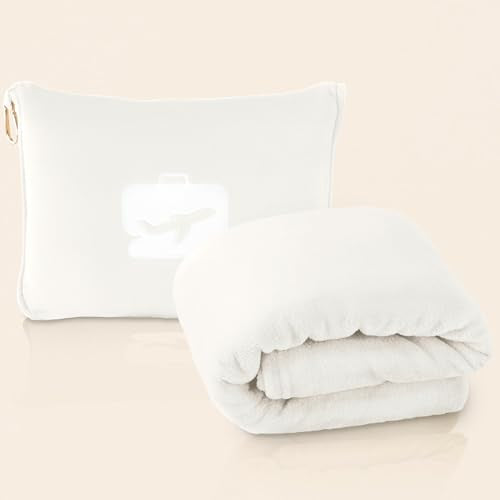 EverSnug Travel Blanket and Pillow - Ultra-Soft, Compact & Lightweight, 65x40 Inches, with Carry Case, Luggage Sleeve & Backpack Clip for Airplane Comfort (Off-White) - color: Off-white