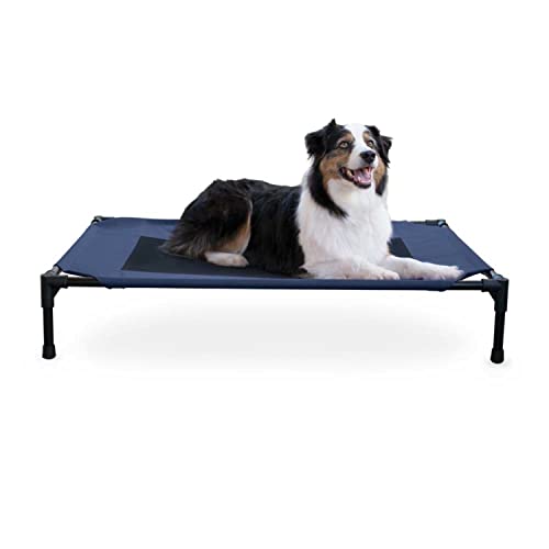 K&H Outdoor Elevated Dog Bed - Cooling Raised Dog Bed for Medium & Large Pets, Breathable Mesh Center Hammock Design, Indoor/Outdoor Washable Cover, Portable Metal Frame, Blue, Large 42x30in - color: Blue/Black Mesh, size: Large 42"L x 30"W