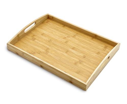 Bam & Boo Natural Bamboo Serving Tray Extra Large Rectangular with Handles for Food, Drinks, Storage, Decor, Vanity, Breakfast, Parties, Weddings, Picnics(17.75” x 13” x 2.35”, Natural) - color: Bamboo, size: 17.8" x 13" x 2.4"