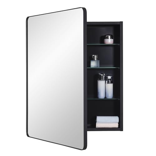 IDYLLOR Black Bathroom Mirror Medicine Cabinet with Round Corner Framed Door 24 x 30 inch, Recessed or Surface Mount, with Adjustable Glass Shelves - size: 24 x 30 inch