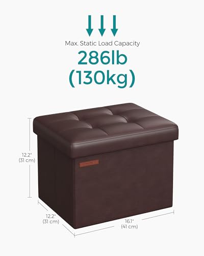 SONGMICS Small Folding Storage Ottoman, Foot Rest Stool, Cube Footrest, Synthetic Leather, 12.2 x 16.1 x 12.2 Inches, 286 lb Capacity, for Living Room, Bedroom, Dorm, Chestnut Brown ULSF100K02 - color: Chestnut Brown, style: Synthetic Leather