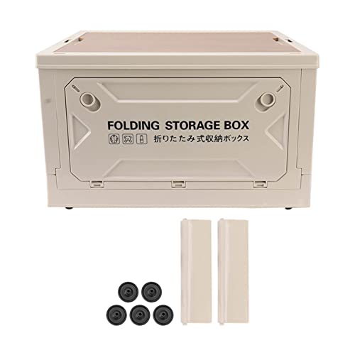 Foldable storage box, plastic campsite with wooden lids, storage tank with 50 lane and casters 50L, for camping, car trunk (Gray White) - color: Gray White
