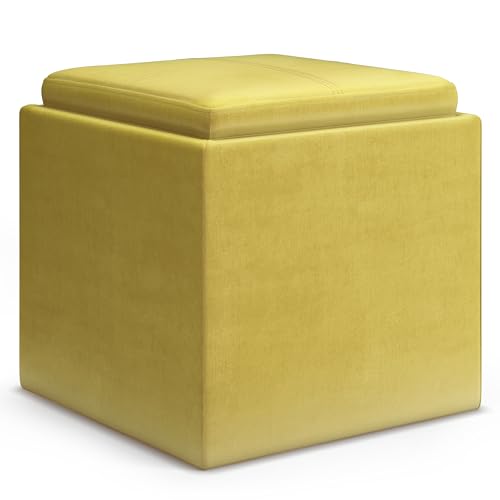 SIMPLIHOME Rockwood Cube Storage Ottoman with Tray - 17" Wide x 17" High Upholstered Velvet Fabric Square Storage Ottoman in Dijon Yellow, Contemporary Cube Ottoman for Living Room with Serving Tray - color: Dijon Yellow