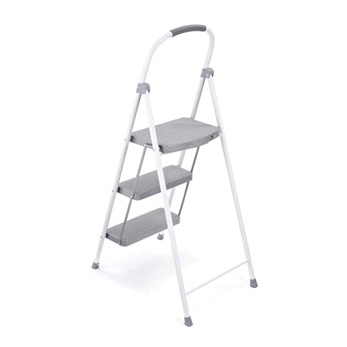 Rubbermaid 3 Step Folding Ladder, Steel Foldable Step Stool with Hand Grip, White - style: 3-Step