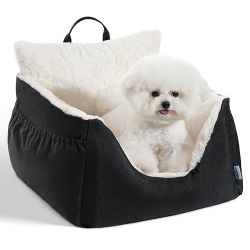 Milk and Soda Small Dog Car Seat Bed for Small Dogs Under 20 LBS with 2-Sided Pillow, Side Pockets, Clip on Leash, Machine Washable Cover, Pet Carseat Travel Carrier, Black, Small - color: Black