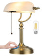 White Matted Glass Bankers Desk Lamp, Stepless Dimmable Table Lamp Plug in Fixture for Study, Home Office,Library, LED Bulb Included