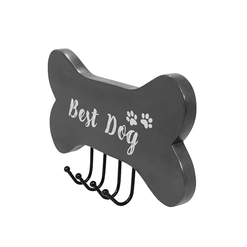 DEVLA Farmhouse Key Holder for Wall - Decorative Dog Leash Hanger and Coat Rack Wall Mount with 4 Unique Hooks - Dog Accessories Organizer for Rustic Home Decor (White)