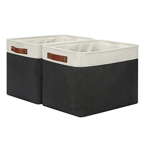 DULLEMELO Storage Bins Large-16"x12"x12" With Leather Handles for Organizing,Decorative Collapsible Storage Baskets for Shelves Closet Home Office (White&Black) - color: White&Black-Leather Handles, size: Large-16"x12"x12"