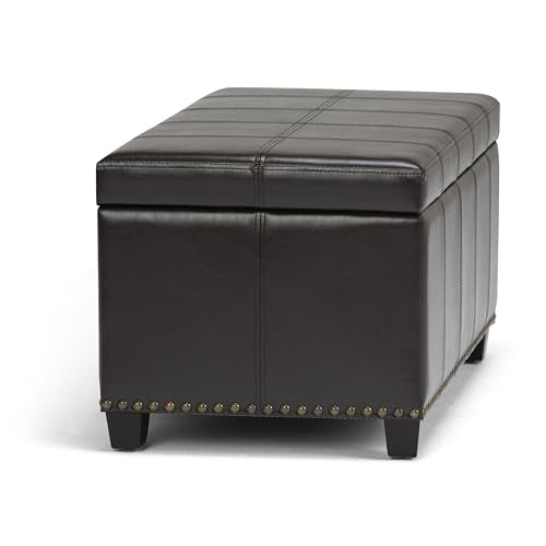 SIMPLIHOME Amelia Storage Ottoman - 33 inch Wide Vegan Leather Rectangle Storage Ottoman Bench in Tanners Brown, Transitional Ottoman for Living Room with Nailhead Trim and Lift-Up Lid - color: Tanners Brown