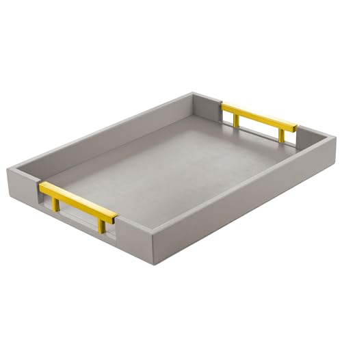 ATZYmolin Leather Serving Tray with Gold Polished Metal Handles, Home Decorative Wooden Rectangle Ottoman Decor Platter Bathroom Vanity Tray for All Occasions Grey - color: Grey With Glod Handle