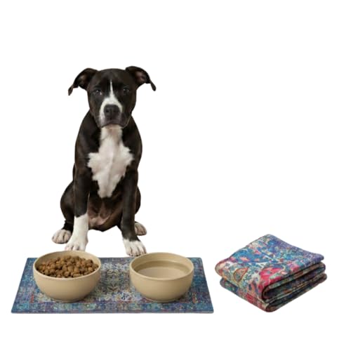 Lovewag Pets Waterproof 2-Pack Pet Feeding Mats - 16" x 24" Premium Cat & Dog Food Mat - Non-Slip, Machine Washable Food Mat Protects Floors & Contains Water Bowl Spills - Place Mats (Bohemian Jewel) - color: Bohemian Jewel