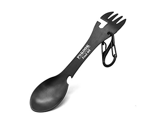 PSKOOK 5-in-1 Utility Tactical Spork, Stainless Steel Spoon & Bottle Opener, Fork & Knife, Can Opener Combo Camping Utensil for Hiking, Camping or Backpacking (Black) - color: Black