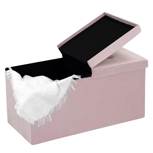 CAROLMADE 30 Inches Storage Ottoman Bench with Flipping Lid, Velvet Foldable Storage Footrest, Ottoman with Storage for Living Room Holds up to 330lbs, Pink - color: Velvet-pink