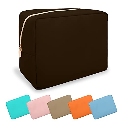 UIXIZQ Large Makeup Bag Pouch,Nylon Women Travel Toiletry Storage Bag Preppy Cosmetic Bag for Girls,Big Makeup Organizer Bag Cute Zipper Pouch Skincare Bag for Sport Work Gift(Large-Chocolate) - color: Chocolate, size: Large