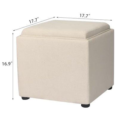 Adeco 17-inch Square Storage Ottoman with Reversible Tray Top, Upholstered Fabric Cube Footrest Stool & Coffee Table for Living Room, Bedroom, and Small Spaces, Beige - color: Beige With Tray
