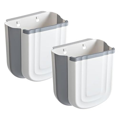 2 Pack Kitchen Hanging Trash Can, 2.4 Gallon / 9L Collapsible Waste Bin, Small Kitchen Compost Bin for Food Scraps, Wall Mounted Garbage Can for Bathroom, Car, RV（Grey） - color: Grey+Grey