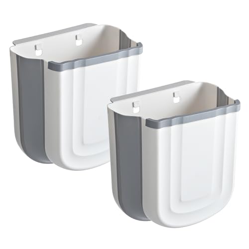 2 Pack Kitchen Hanging Trash Can, 2.4 Gallon / 9L Collapsible Waste Bin, Small Kitchen Compost Bin for Food Scraps, Wall Mounted Garbage Can for Bathroom, Car, RV（Grey） - color: Grey+Grey