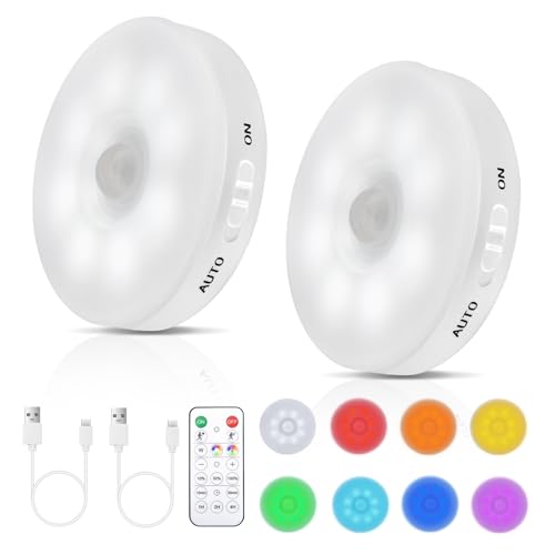 RGB LED Motion Sensor Light Indoor, Bright & Dimmable, Long-Lasting | Rechargeable Battery, Stick-On Puck Night Light with Remote for Closet, Cabinet, Kitchen, Stairs, Shelves - Cool & RGB, 2Pack - color: Cool White & RGB(2 Pack)