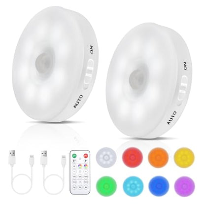 RGB LED Motion Sensor Light Indoor, Bright & Dimmable, Long-Lasting | Rechargeable Battery, Stick-On Puck Night Light with Remote for Closet, Cabinet, Kitchen, Stairs, Shelves - Cool & RGB, 2Pack - color: Cool White & RGB(2 Pack)