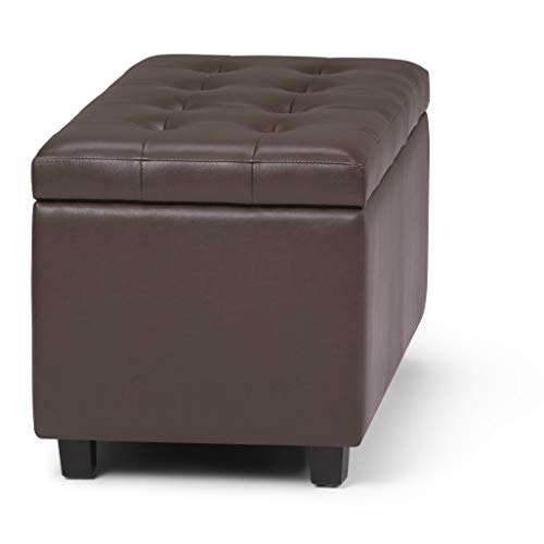 SIMPLIHOME Cosmopolitan Storage Ottoman - 34 inch Wide Upholstered Vegan Leather Rectangle Storage Ottoman Bench in Chocolate Brown, Transitional Tufted Ottoman for Living Room with Lift-Up Lid - color: Chocolate Brown