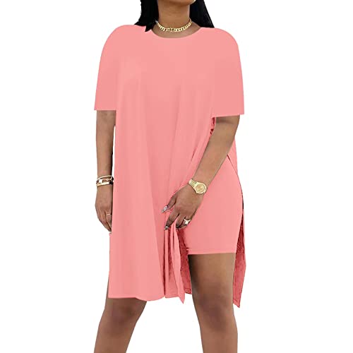AXOSY Women Plus Size 2 Piece Outfits | Short Sleeve Tunic Tops, Skinny Biker Shorts, Comfortable Tracksuits, Soft Summer Sets, Breathable Material - color: Pink, size: Large