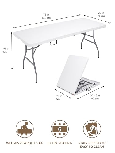 6FT Folding Camping Table Portable 350lbs, 6 Foot Folding Picnic Card Table for Outdoor, Plastic Rectangular Dining Work Tables for Indoor, Heavy Duty Fold-in-Half Tray Tables, 71x29 inch - size: 6 FT