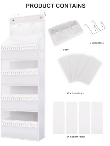 Over Door Organizer - Boho Nursery Hanging Organizer with Tassels -Oxford Behind Door Storage for Bedroom, Bathroom, Closet, Dorm, Pantry, Baby Diapers, Toys, Plush, 4 Tiers, White
