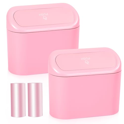 NBTEPEM Pink Car Trash Can with Lid - 2 Pack, Mini Auto Garbage Can with 60 Trash Bags, Leakproof Automotive Garbage Container Bin, Multipurpose Organizers and Storage for Car, Home, Office (Pink) - color: Pink
