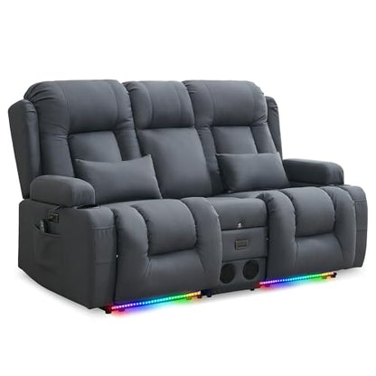 URRED Power Loveseat Recliner Sofa with Massage and Heat, Wall Hugger Reclining Loveseat with Console, RV Couch Home Theater Seating with LED Lights for Living Room (Blue Grey, 67" - 2 Seats) - color: Blue Grey, size: 67" - 2 Seats