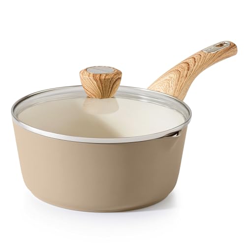 SENSARTE Ceramic Nonstick Sauce Pan with Lid, 2.5 Quart Saucepan with Double Spout, Large Cooking Pot, Non toxic Kitchen Sauce Pot, Non stick Saucier Pan, Induction Cookware, PFOA PTFE PFAS Free - color: Ceramic Taupe, size: 2.5 Quarts
