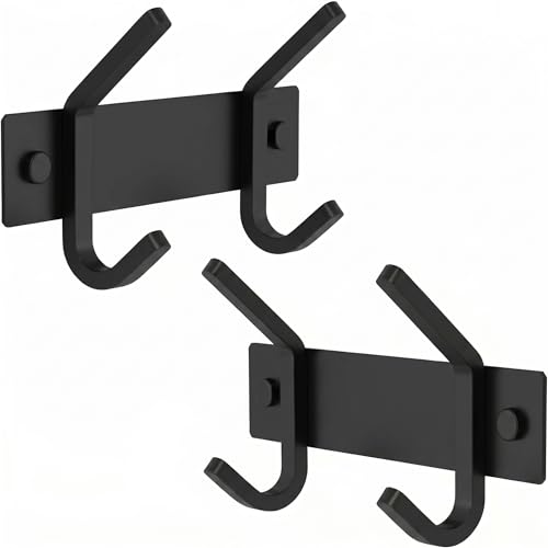 Coat Rack Wall Mount – 6 Inch Stainless Steel Hook Rail with 2 Double Coat Hooks for Hanging – Wall Mounted Entryway Organizer for Coats, Hats, Bags, Towels, Robes, Closet or Bathroom - Black 2 Pack - color: Black, size: 2 Hooks - 2 Pack
