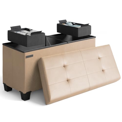Storage Ottoman Bench with Bins, 30-in Storage Bench for Bedroom End of Bed, Folding Foot Rest Ottoman for Living Room Max 660lbs, Leather Ottomans, Taupe - color: 07 - Taupe