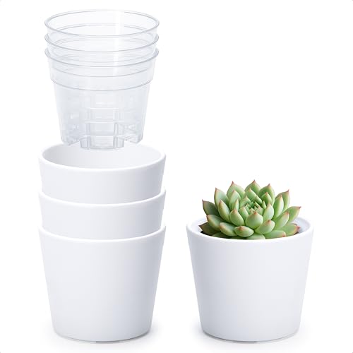Phoenix Vine 3.5 Inch White Plastic Cachepot with Clear Nursery Pot, Decorative Lightweight Planter Cover with Transparent Inner Pot for Indoor Houseplants, Pack of 4, 24-A-D-4 - color: Matte White, size: 3.5" (4 Pack)