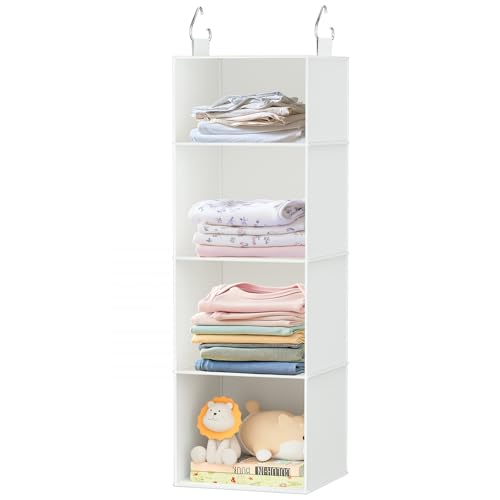 Hanging Closet Organizer with Bamboo Shelves - Foldable Closet Storage for Baby Clothes, Towels, Scarves,Space Saving Shelves Organizer (White) - color: White, size: 4 Tiers-Closet Hanging